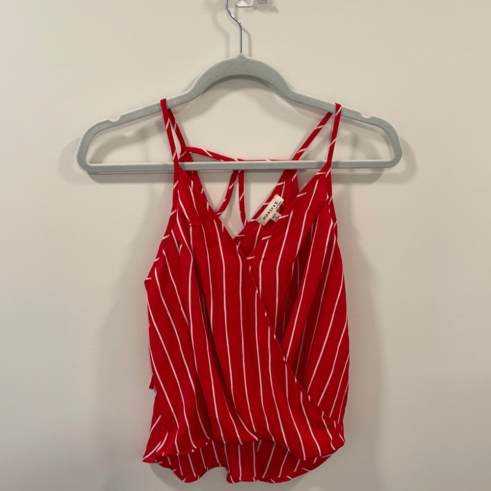 Monteau Red and white striped tank top V-neck.